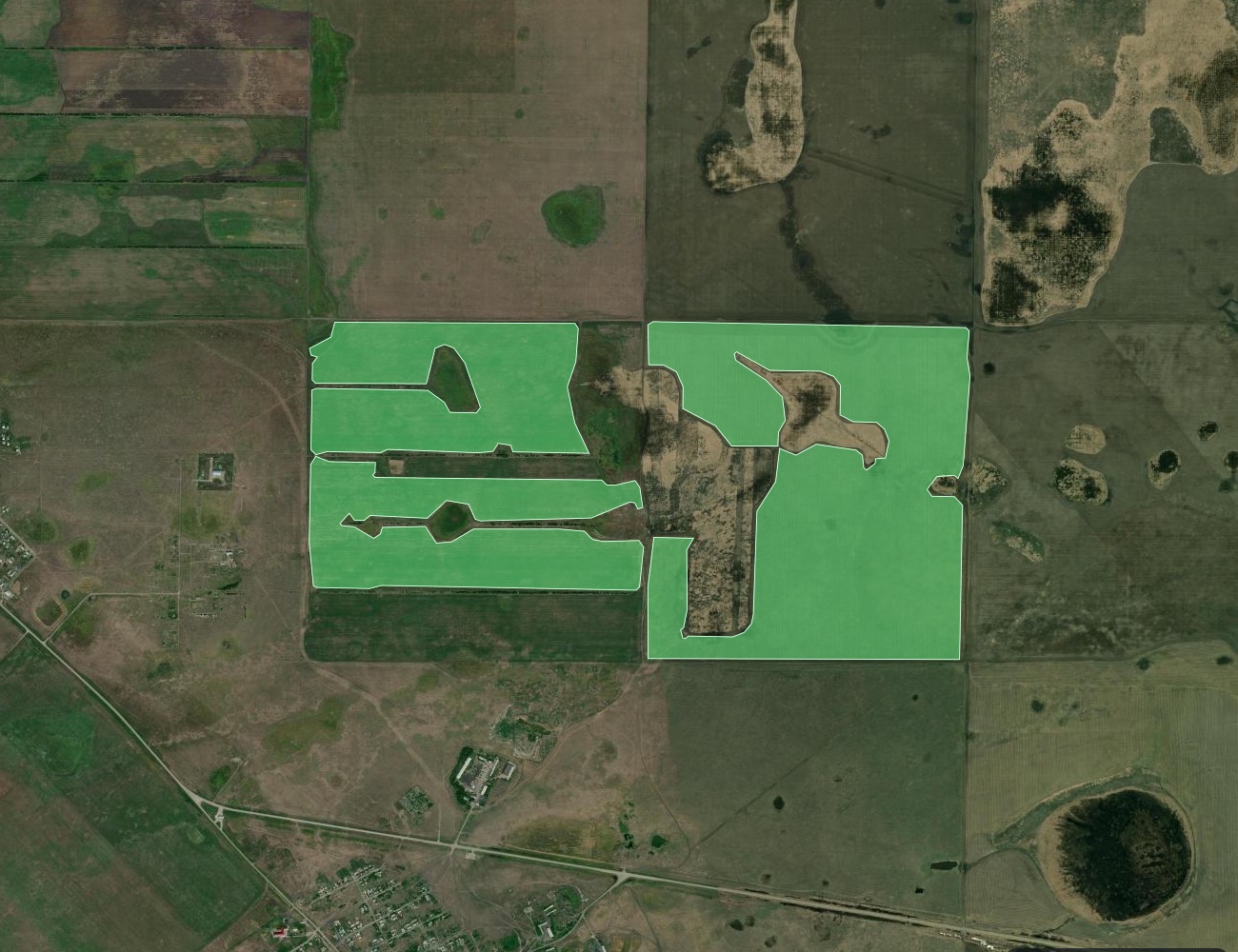 Large soybean fields highlighted in green in Kostanay Region, Kazakhstan