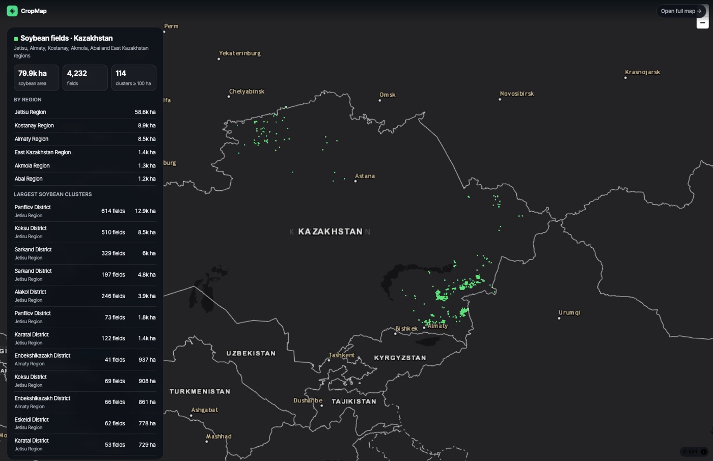 The live soybean map of Kazakhstan with totals by region and the largest clusters