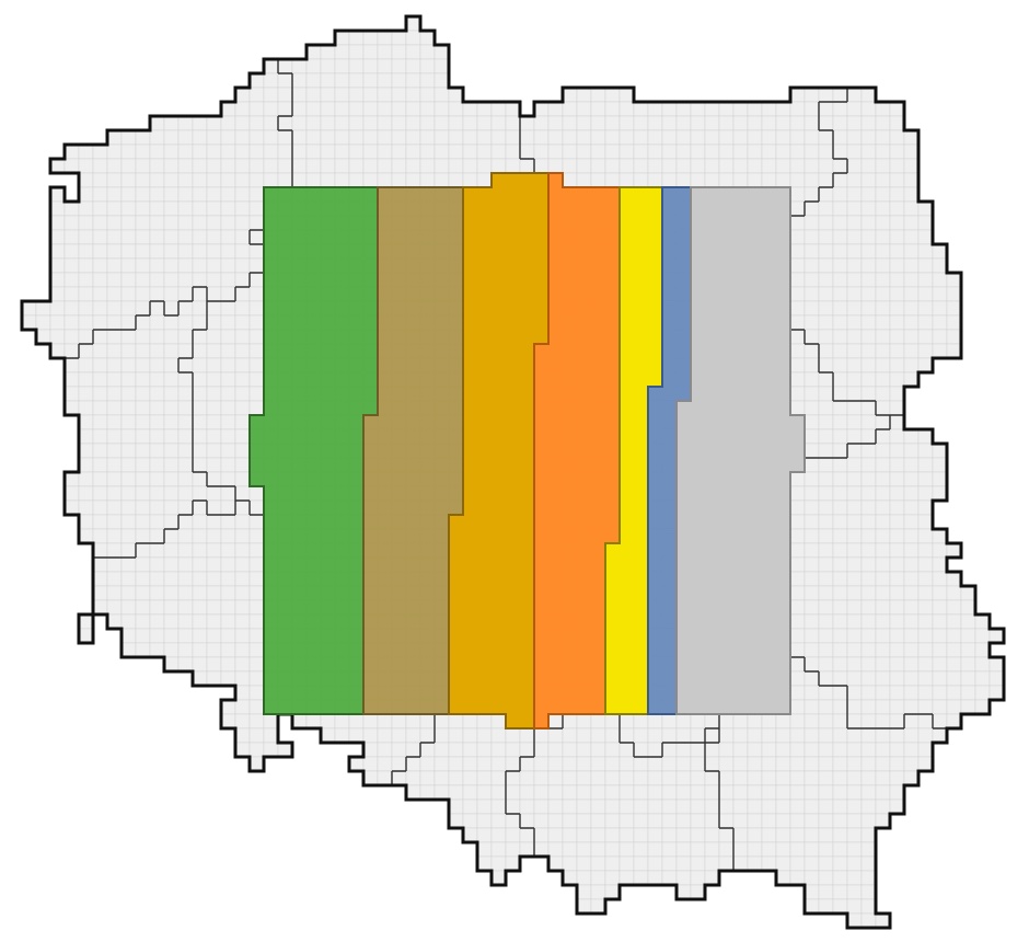 Poland drawn as 100 km² squares, with a block for each main crop