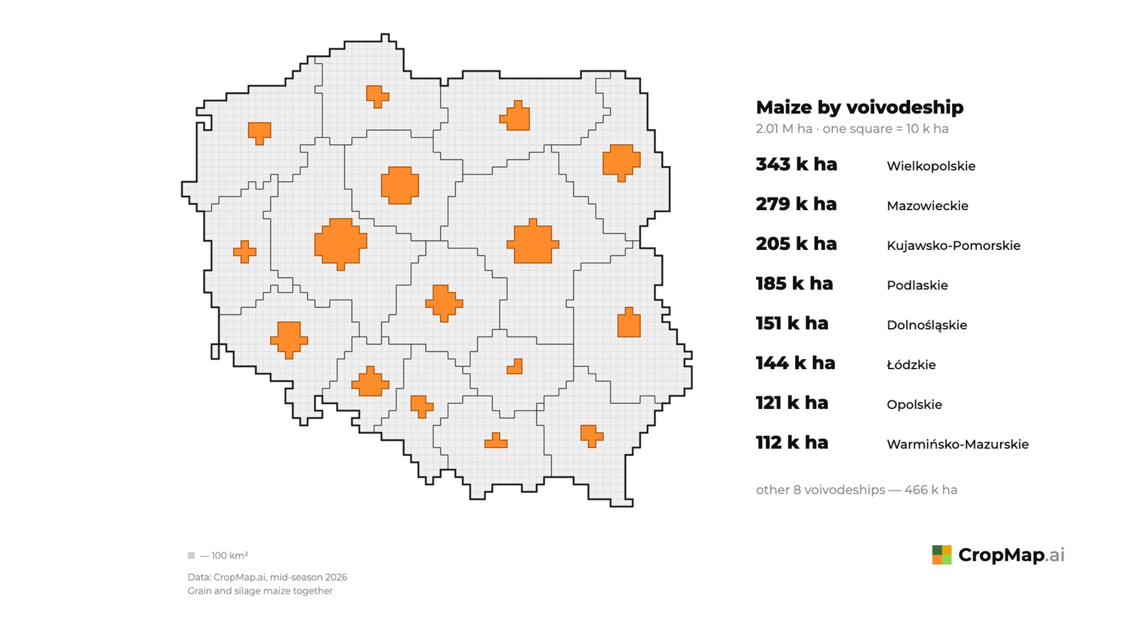 Maize by voivodeship 2.01 M ha · one square = 10 k ha 343 k ha