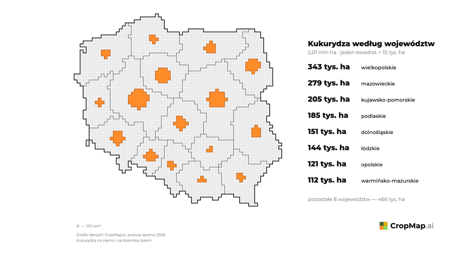 Kukurydza według województw 2,01 mln ha · jeden kwadrat = 10 tys. ha 343 tys. ha