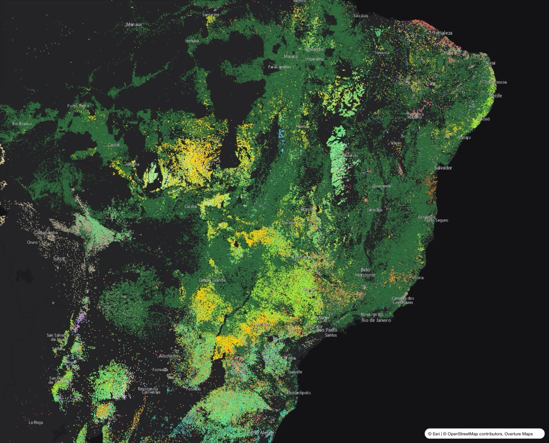 Crop map of Brazil: each dot is a field area coloured by crop
