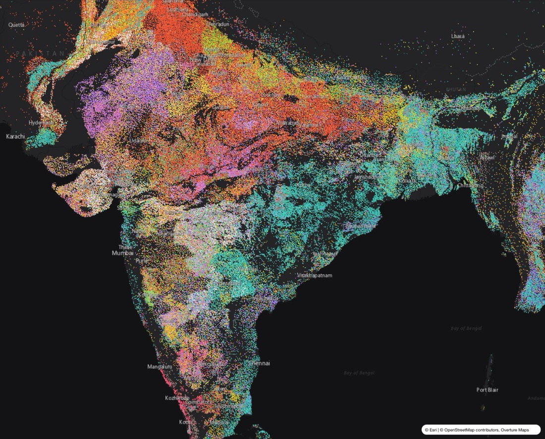 Crop map of India: each dot is a field area coloured by crop