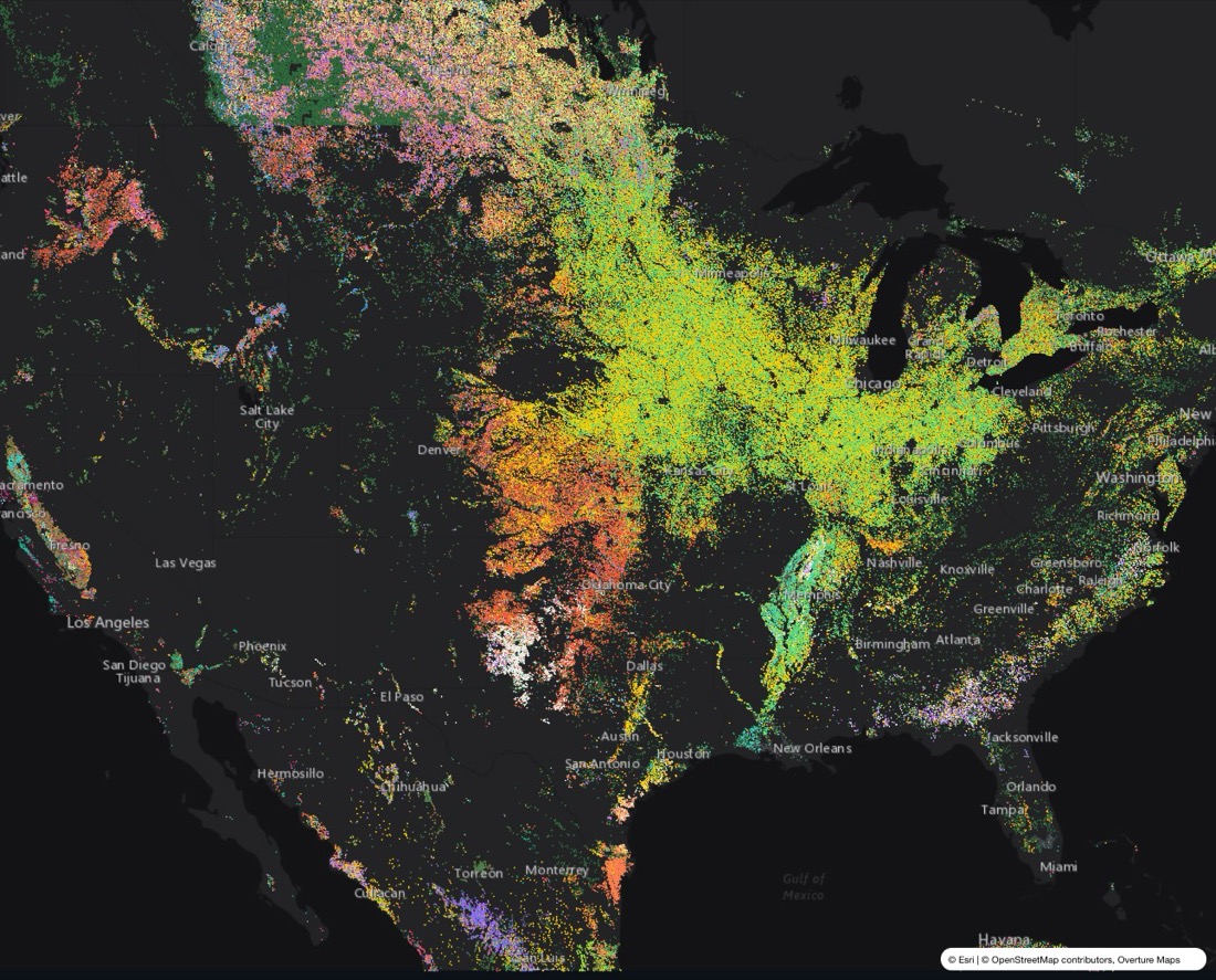 Crop map of the United States: each dot is a field area coloured by crop